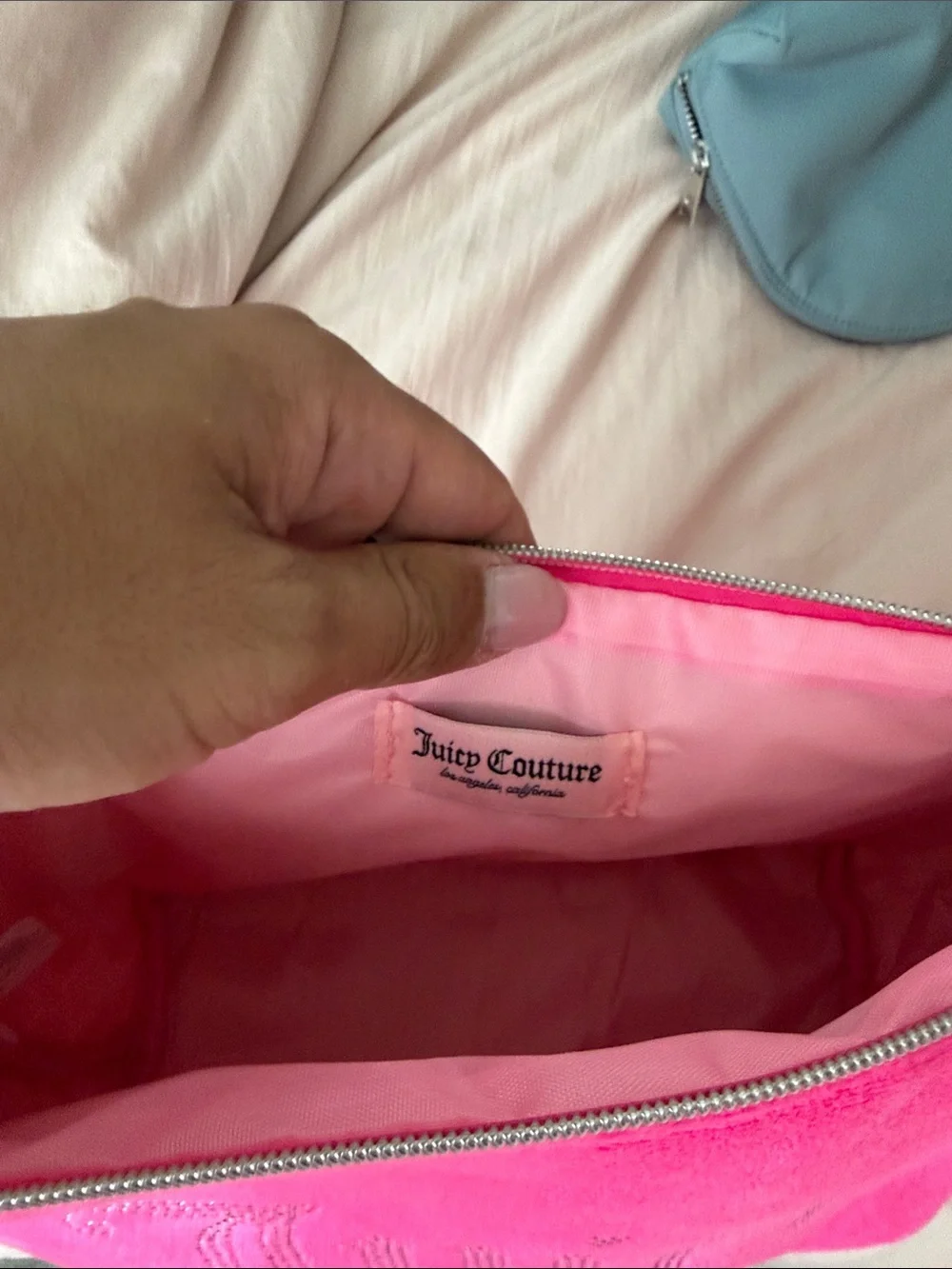 Juicy Couture Bright Hot Pink Plush Cosmetic Pouch with Crystal Logo